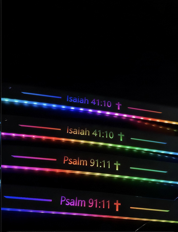 HolyGlow LED door sill plates glowing with Scripture
